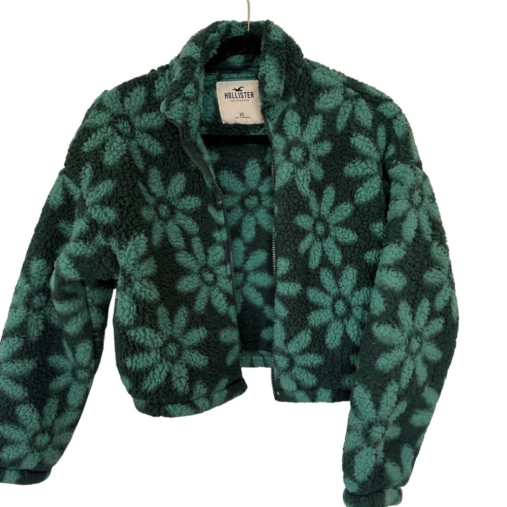 Hollister Green Floral Sherpa Cropped Jacket XS Daisy Teddy Zip Up Mock Neck